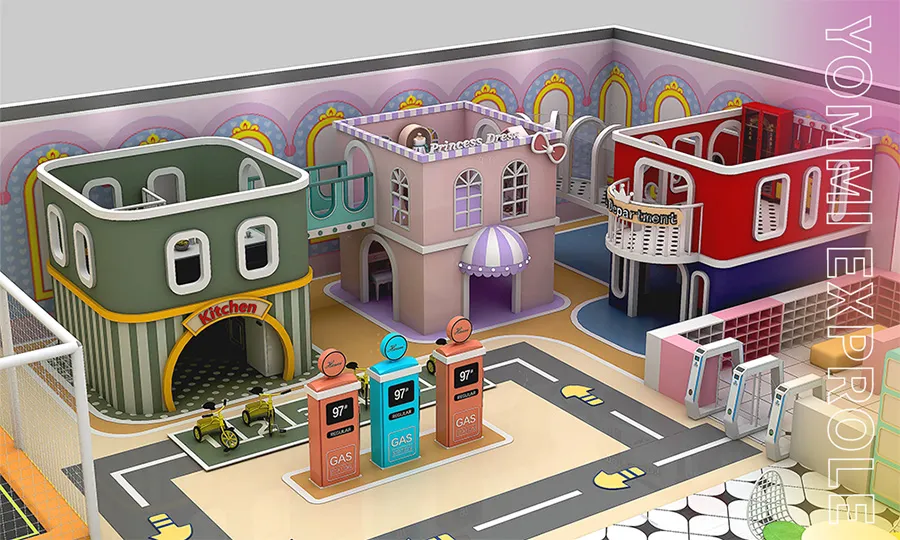 A high-end soft-padded role-play zone in a commercial indoor playground, featuring a kitchen, princess dress shop, and gas station to increase customer retention.