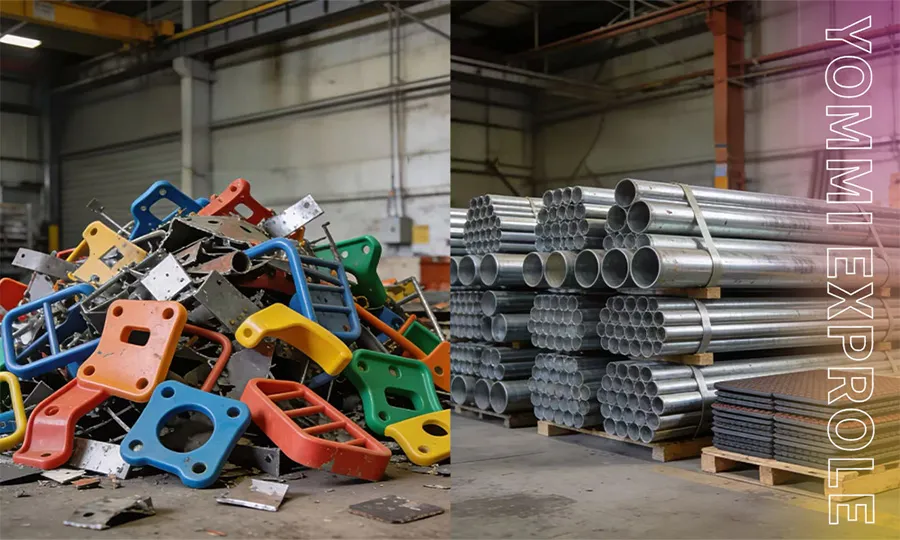 A side-by-side comparison showing a pile of useless custom-shaped scrap parts versus organized, standard 2mm galvanized steel pipes at a professional playground equipment manufacturer.