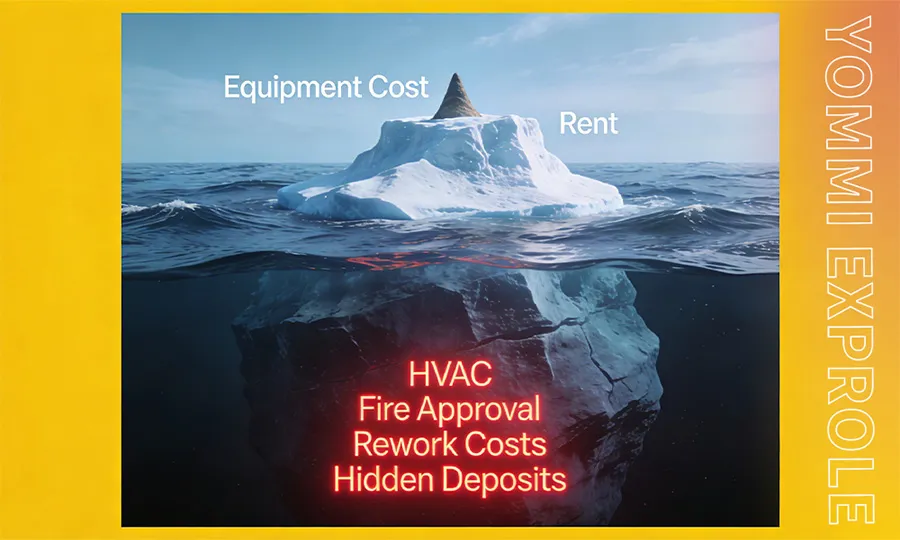 An iceberg illustration showing that while Equipment Cost and Rent are visible, hidden costs like HVAC, Fire Approval, and Rework Costs are the real budget killers when starting an indoor playground business.