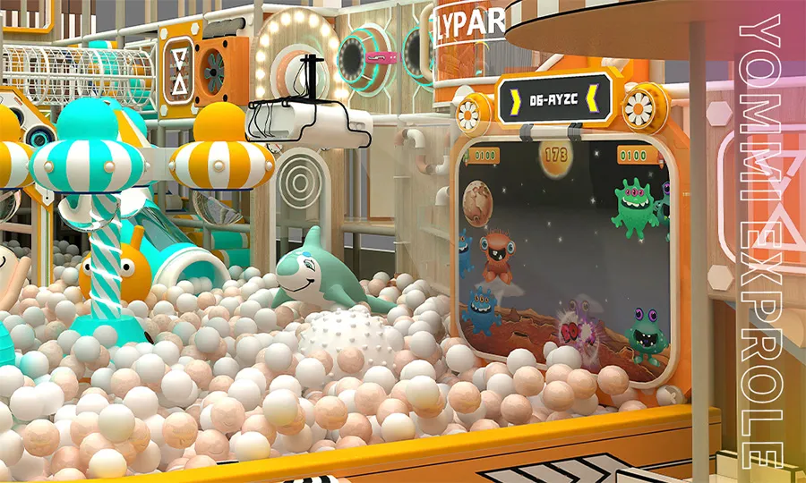An interactive projection game wall installed inside a ball pit, demonstrating a low-cost technology upgrade that keeps children engaged for longer periods.