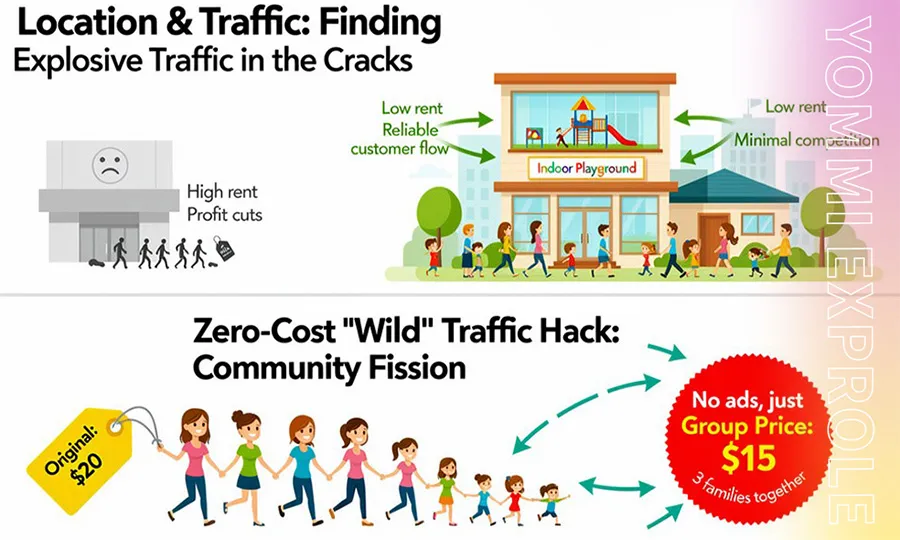 Infographic comparing high-rent malls vs. profitable community locations, and illustrating the '3-Person Group Buy' zero-cost marketing strategy for indoor playgrounds.