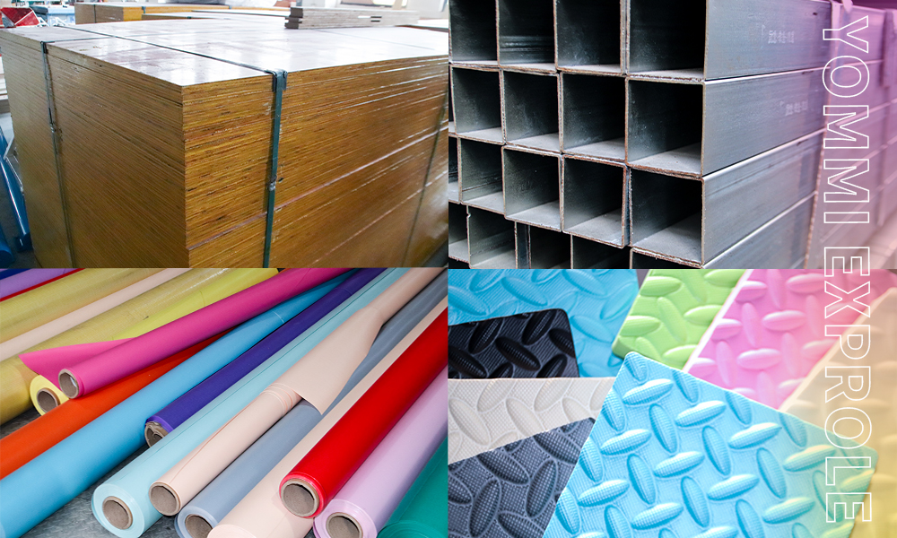 High-quality, fire-retardant raw materials including galvanized steel pipes, PVC rolls, and EVA foam mats used by a top indoor playground manufacturer to pass ASTM and CE safety standards.