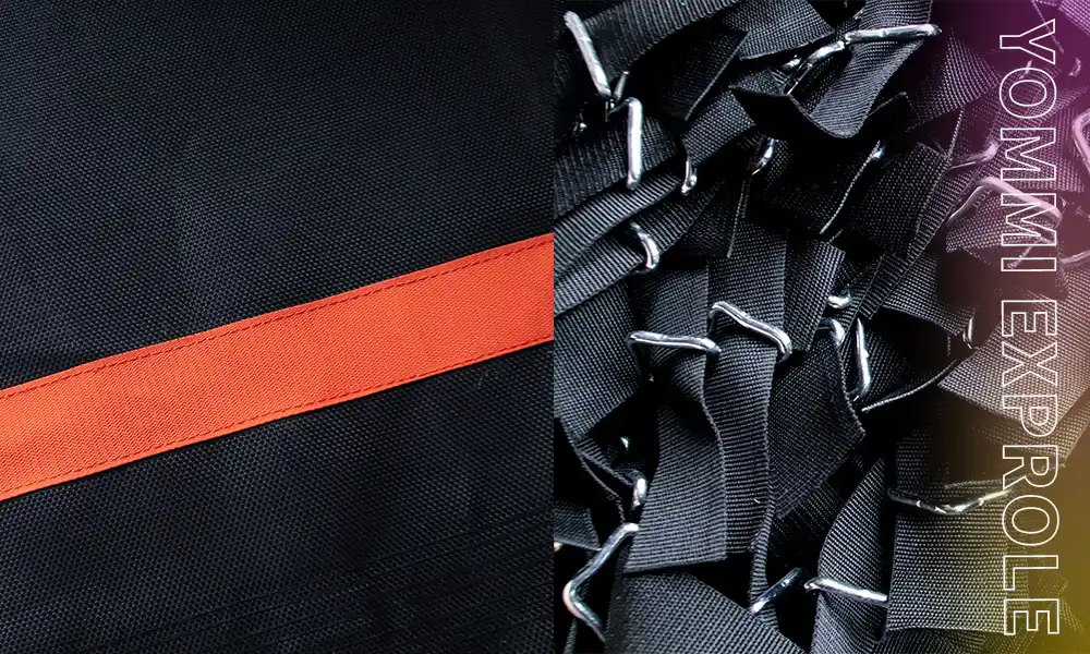 Heavy-duty 80# manganese steel spring and double-reinforced V-ring connection on a commercial trampoline jumping mat for maximum durability.