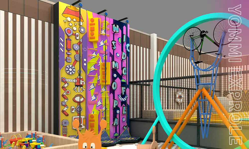 Colorful and interactive indoor climbing wall facilities designed to increase repeat customer rates in trampoline parks.