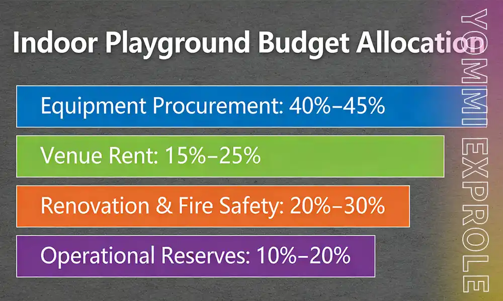 Bar chart showing the golden budget allocation for an indoor playground business plan, detailing the exact percentages for equipment, rent, renovation, and operational reserves.