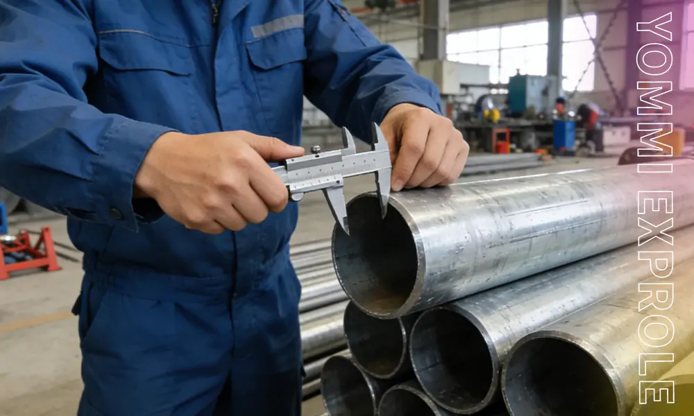 A factory worker using a caliper to measure the thickness of a galvanized steel pipe to ensure high-quality trampoline park equipment.