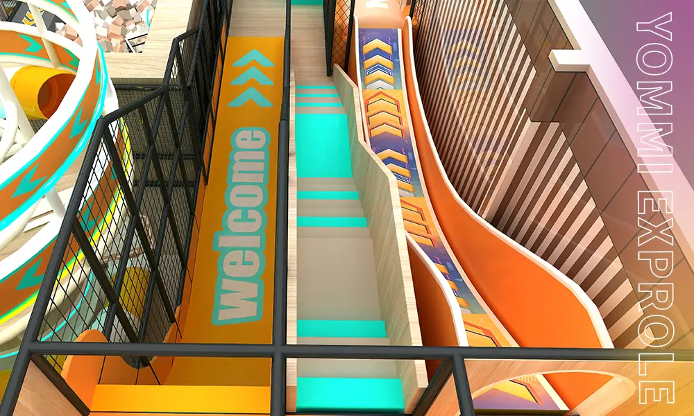 A thrilling indoor devil slide and dry snow slide attraction with stairs and safety nets in a commercial trampoline park.