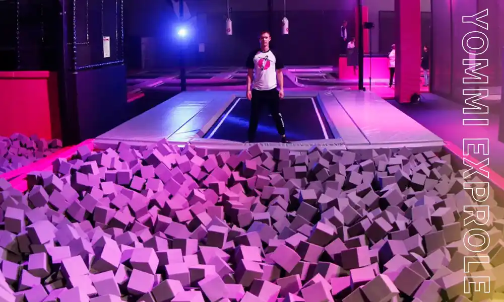 Density 40 foam blocks inside a commercial trampoline park foam pit, engineered to prevent bottoming-out injuries and pass strict safety audits.