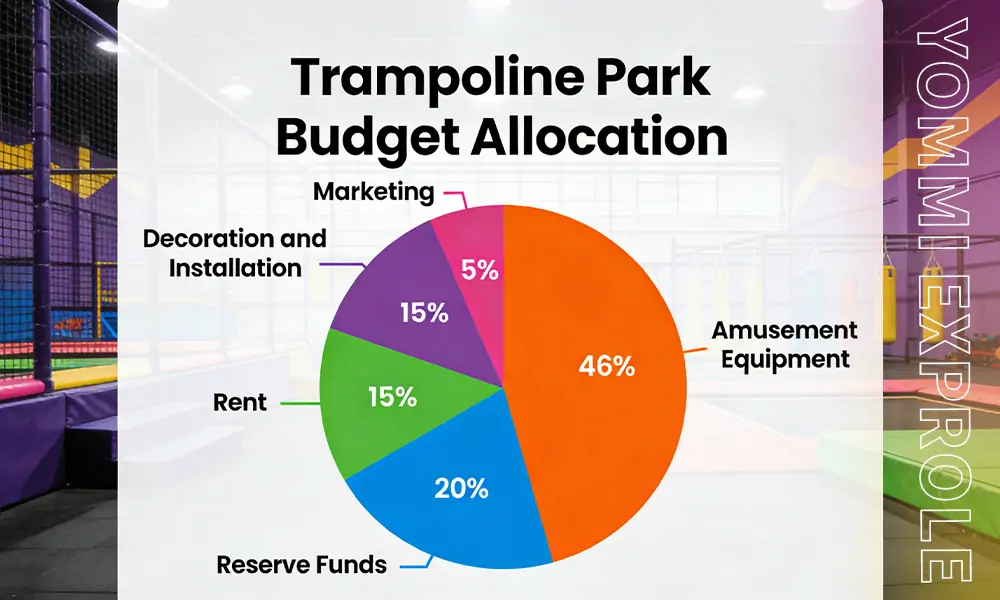 A pie chart showing the golden ratio for trampoline park budget allocation: amusement equipment, reserve funds, rent, decoration, and marketing.