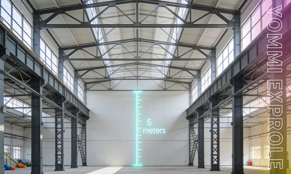 An empty industrial warehouse demonstrating the minimum 5-meter ceiling height requirement for opening a safe trampoline park.