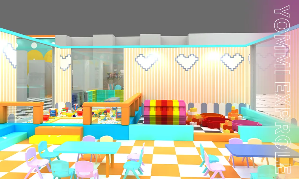 ADA-compliant seating and toddler play area in a commercial facility, ensuring accessible design and sufficient wheelchair clearance to pass strict local building inspections.