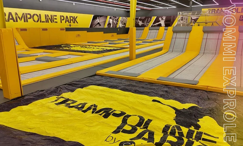 Competitive trampoline racing game and ninja setup designed to attract highly profitable group bookings and birthday parties.