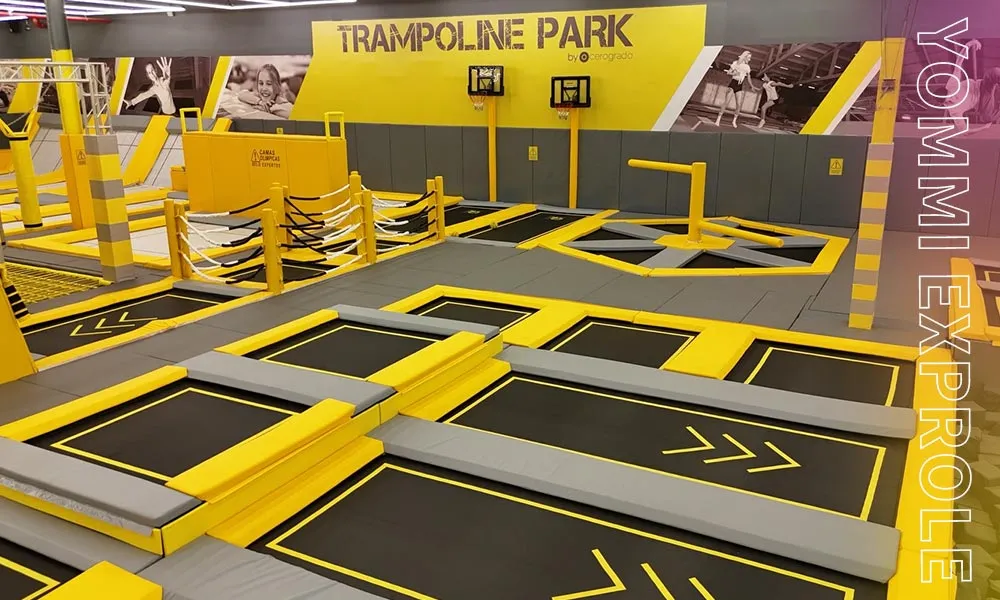 Standard free jump trampoline area built by reliable play park equipment suppliers with highly durable jumping mats and 2.5mm galvanized steel frames.