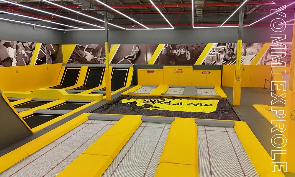Heavy-duty high performance commercial trampolines designed for advanced jumpers, requiring a minimum 6-meter ceiling height under PAS 5000 standards.