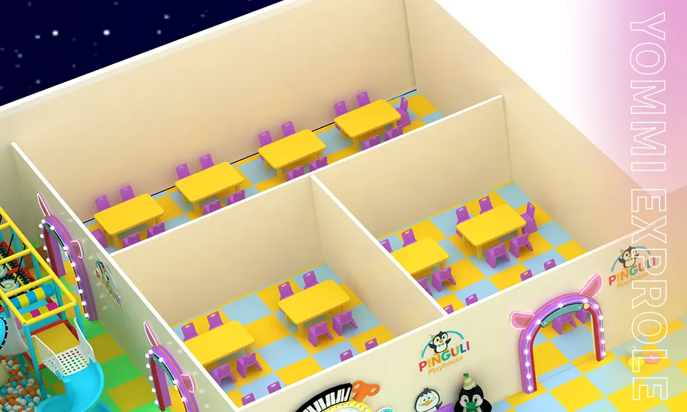 Strategic top-down layout of private birthday party rooms in an indoor playground, sized specifically to maximize weekend revenue and operational logistics.
