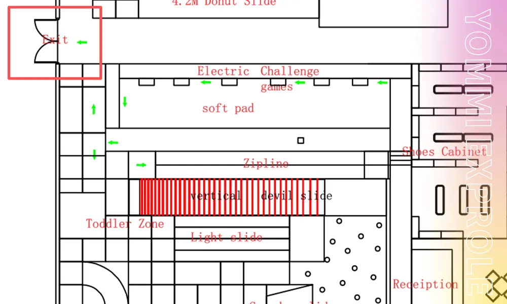 Professional floor plan layout illustrating precise emergency exits and evacuation routes, a mandatory engineering document for securing an indoor playground fire safety permit.