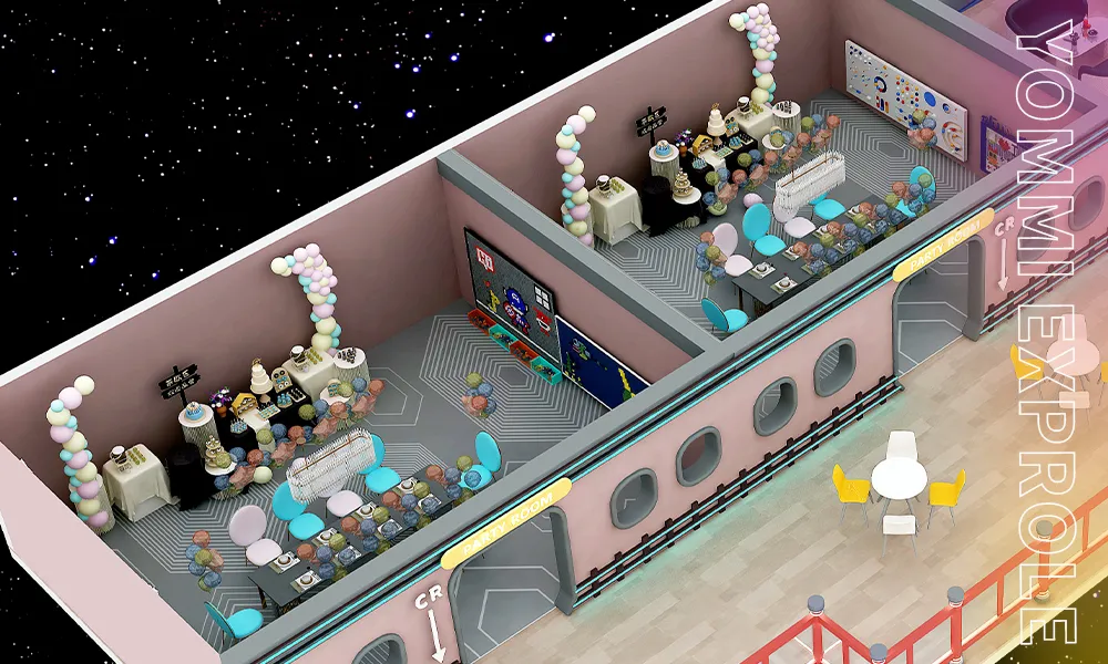 High-capacity themed birthday party rooms in an indoor playground, mathematically designed to comply with strict local maximum occupancy and building codes.