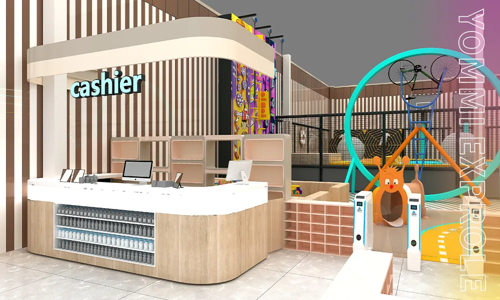 Spacious reception and cashier area in a commercial indoor playground, engineered to eliminate traffic bottlenecks and manage weekend crowd flow efficiently.