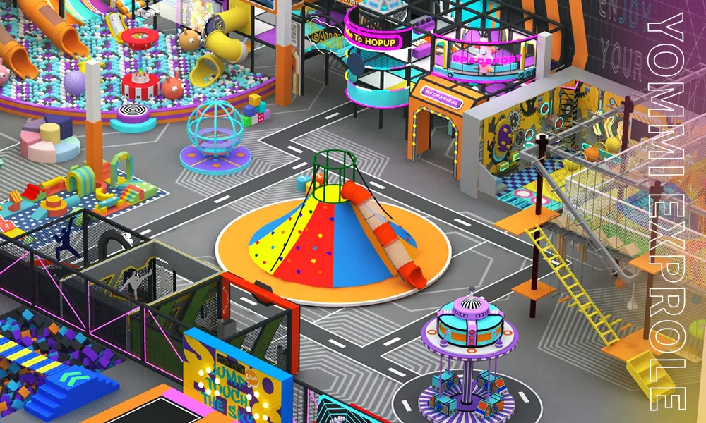 Customized volcano climb centerpiece integrated into an indoor playground floor plan, showcasing expert space allocation for premium visual attractions.