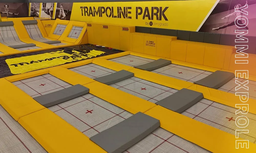 Dedicated high performance trampoline area featuring thick fire-retardant foam padding and long-lifespan steel springs for safe commercial use.