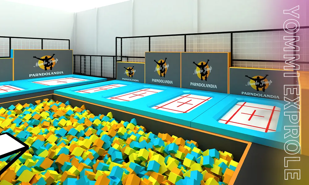 Standard free jump area featuring high-quality jumping mats and safety padding, representing the baseline cost allocation in a commercial facility.