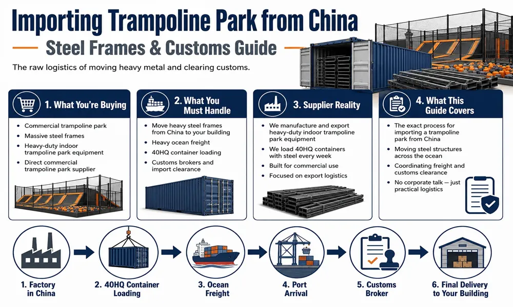 6-step logistics process for importing a commercial trampoline park from a China factory to final building delivery