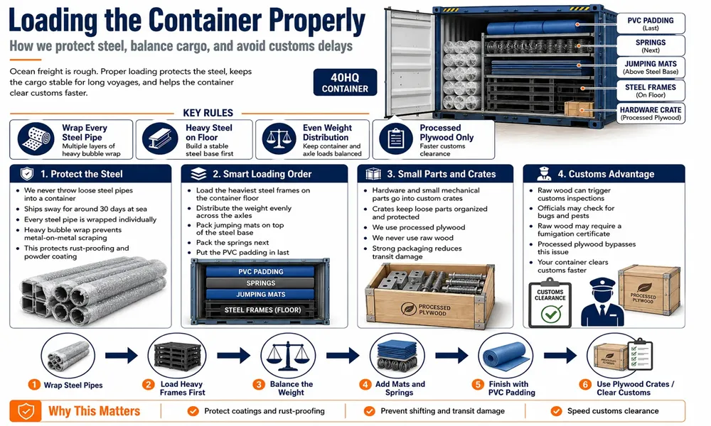 Diagram showing how to properly load heavy steel frames, jumping mats, springs, and plywood crates into a 40HQ container