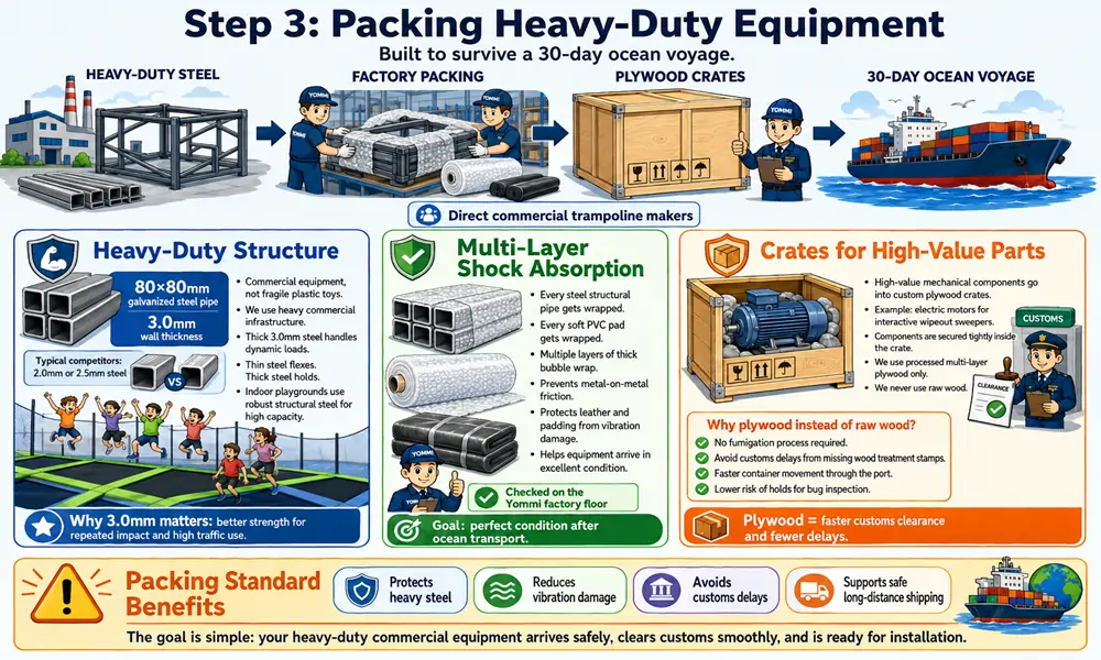 Detailed diagram of factory packing methods, heavy-duty steel specs, and plywood crates for safe ocean transport