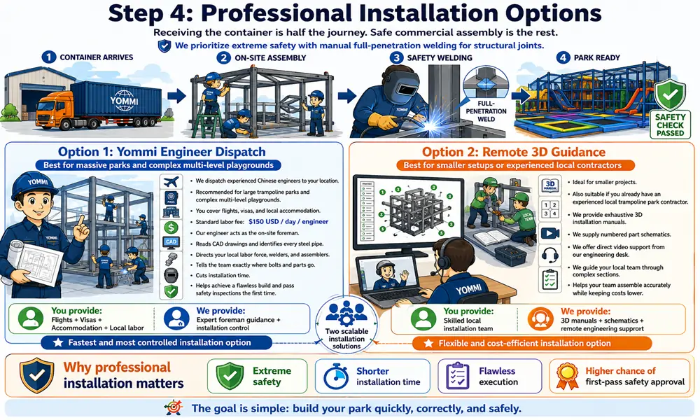 Comparison of on-site engineer dispatch versus remote 3D guidance for playground installation
