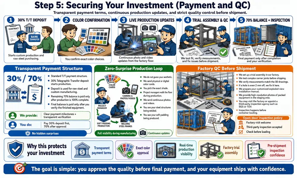 Flowchart showing the 30/70 payment structure and zero-surprise production loop with live factory updates