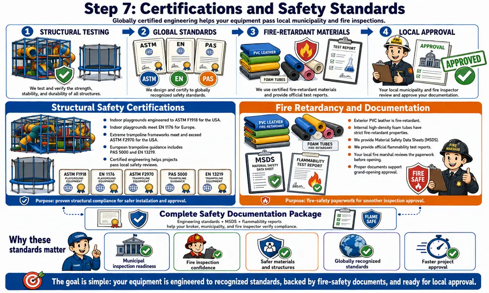 Safety standard badges (ASTM, EN) and fire-retardant material documentation for municipal inspections