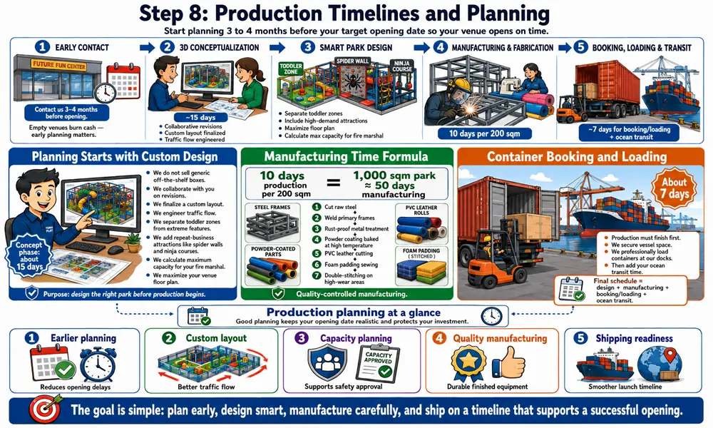 Timeline showing a 3 to 4-month planning phase for design, manufacturing, and transit of indoor park equipment