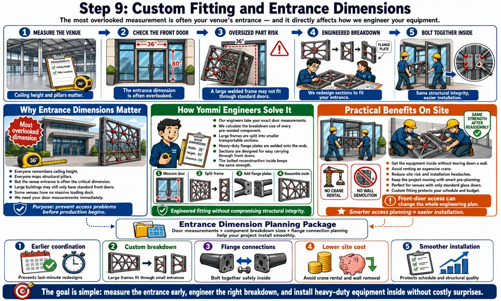 Diagram showing how large playground frames are split and engineered to fit through standard commercial doors