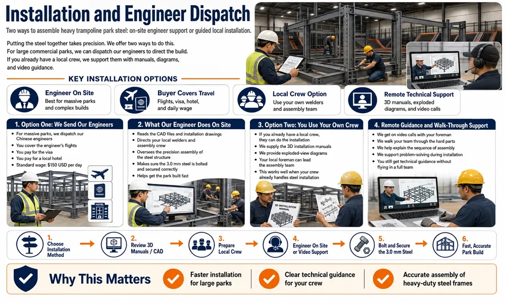 Installation options showing on-site Chinese engineer dispatch versus local crew assembly with remote 3D technical support