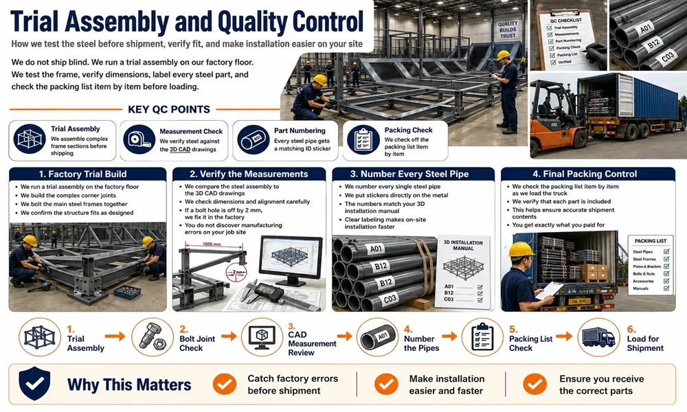 Factory trial assembly process showing steel joint verification, pipe numbering with stickers, and packing list checks