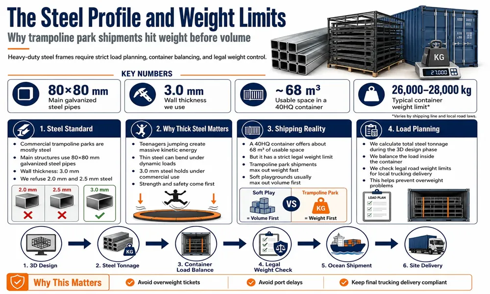 Specifications for trampoline park steel frames showing 80x80mm pipes, 3.0mm thickness, and 40HQ container weight limits of 28,000 kg