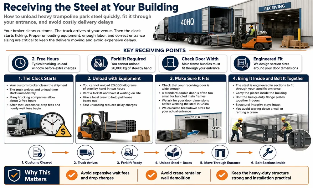 Instructions for receiving heavy steel frames, emphasizing forklift requirements and entrance door width sizing