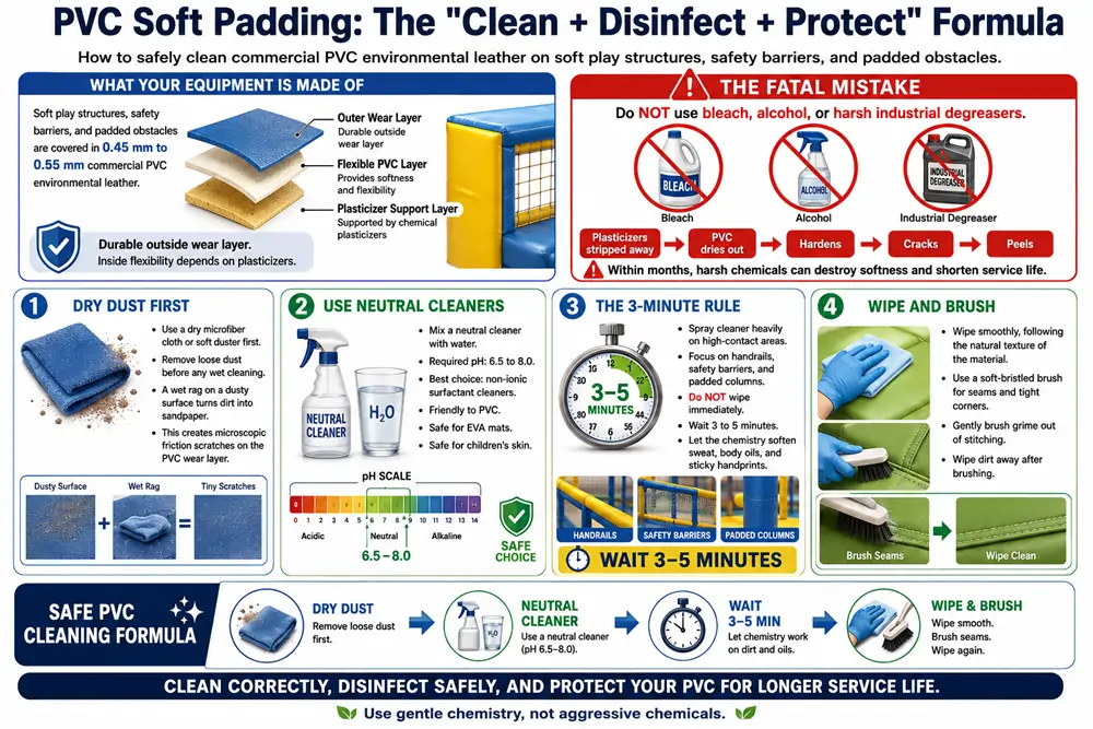 Safe PVC cleaning formula showing how to clean indoor playground equipment padding without using damaging bleach.