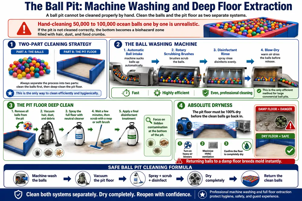 Professional ball pit washing machine and floor extraction process recommended by top indoor playground makers.