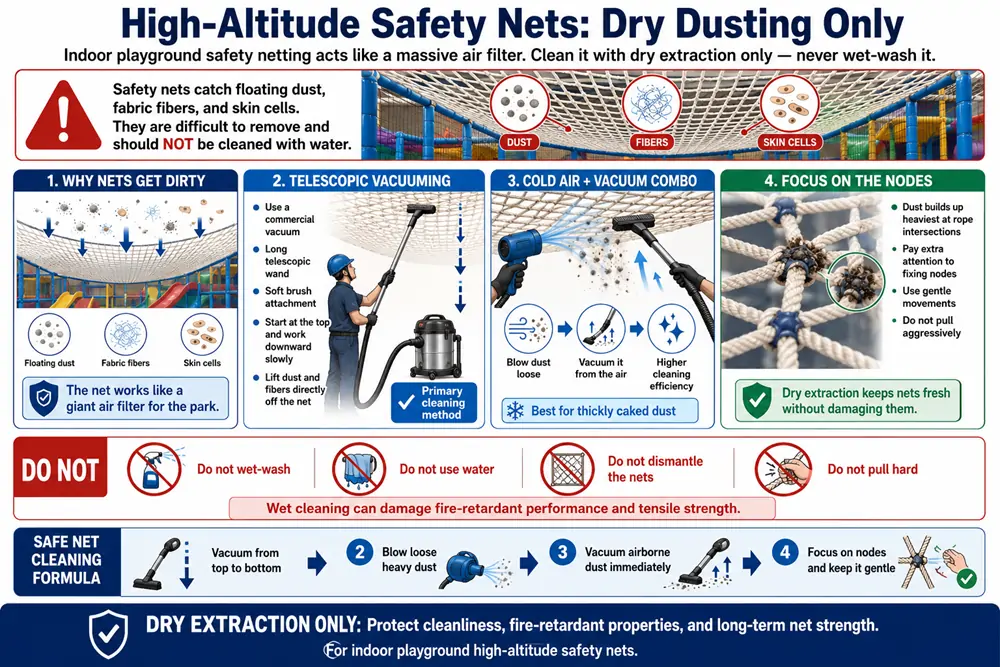 Dry extraction and telescopic vacuuming methods for cleaning high-altitude indoor playground safety nets.