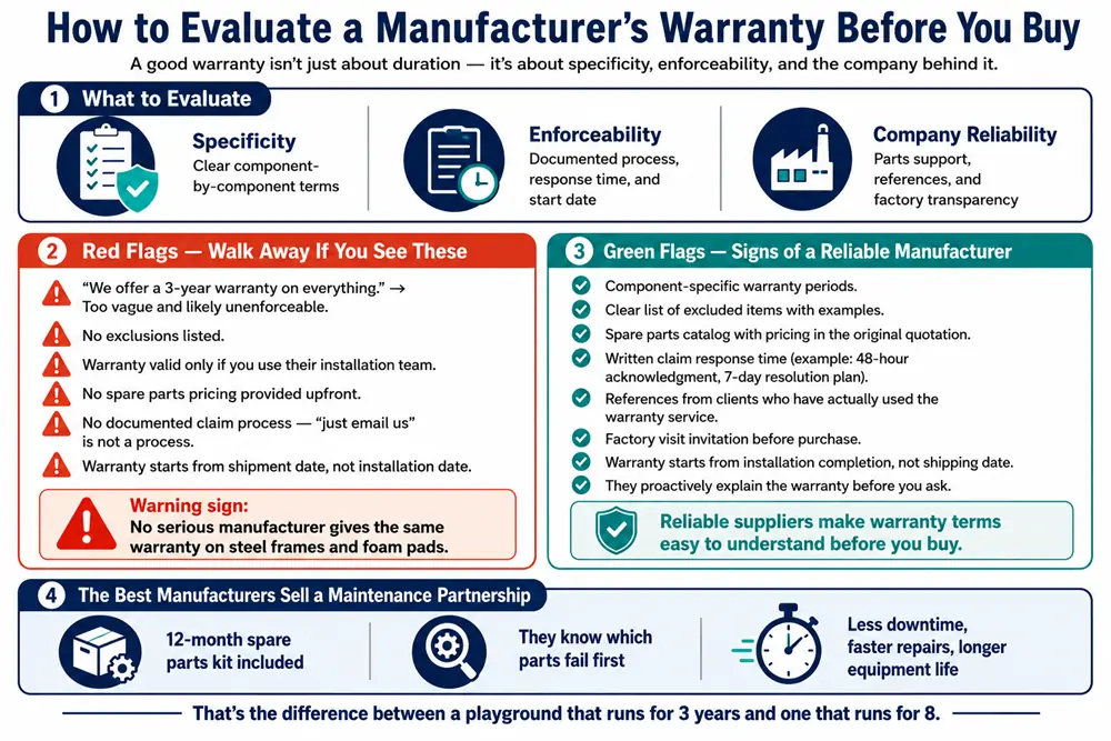 An infographic checklist explaining how buyers should evaluate an indoor playground manufacturer’s warranty before purchase, including specificity, enforceability, red flags, green flags, and after-sales support.