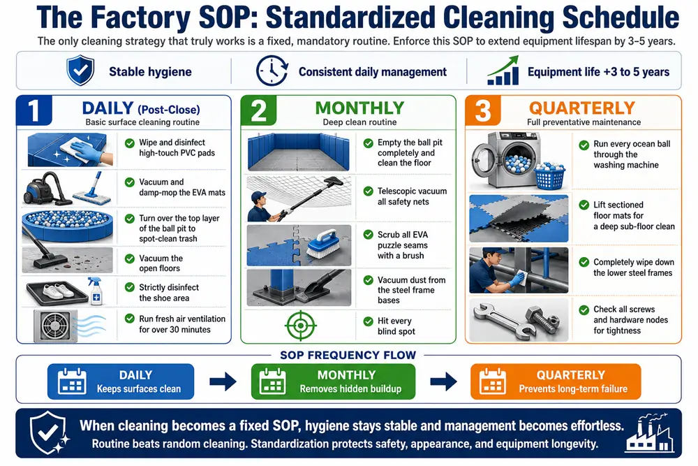 The factory standardized operating procedure and schedule showing exactly when and how to clean indoor playground equipment.