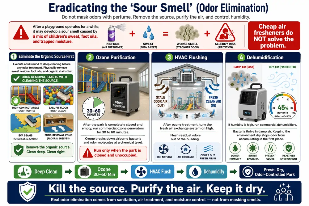 Eradicating sour smells in indoor play areas using deep cleaning, ozone purification, and HVAC flushing.