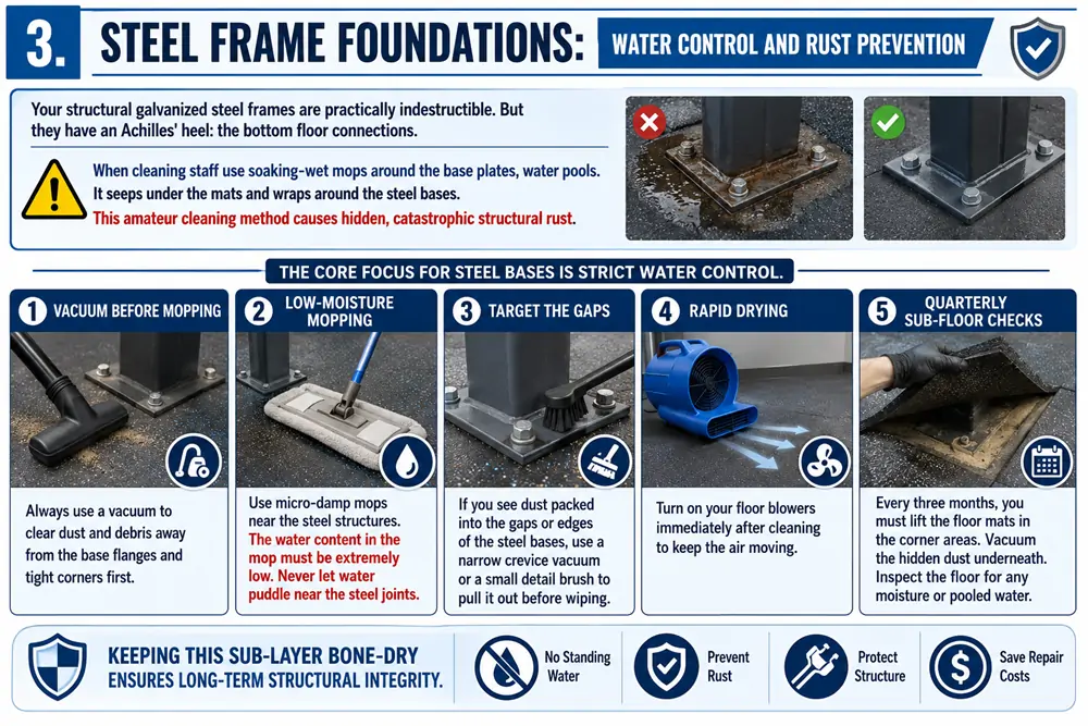 Water control and rust prevention techniques for cleaning indoor playground equipment steel frame foundations.