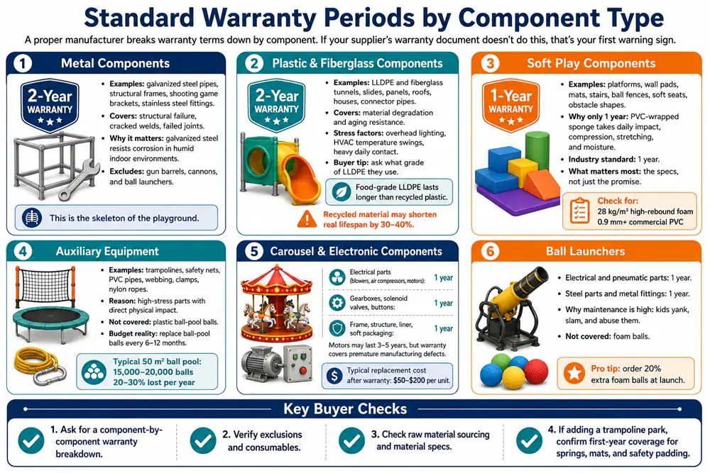 A component-by-component indoor playground warranty infographic showing standard warranty periods for metal parts, plastic and fiberglass parts, soft play components, auxiliary equipment, carousel electronics, and ball launchers.