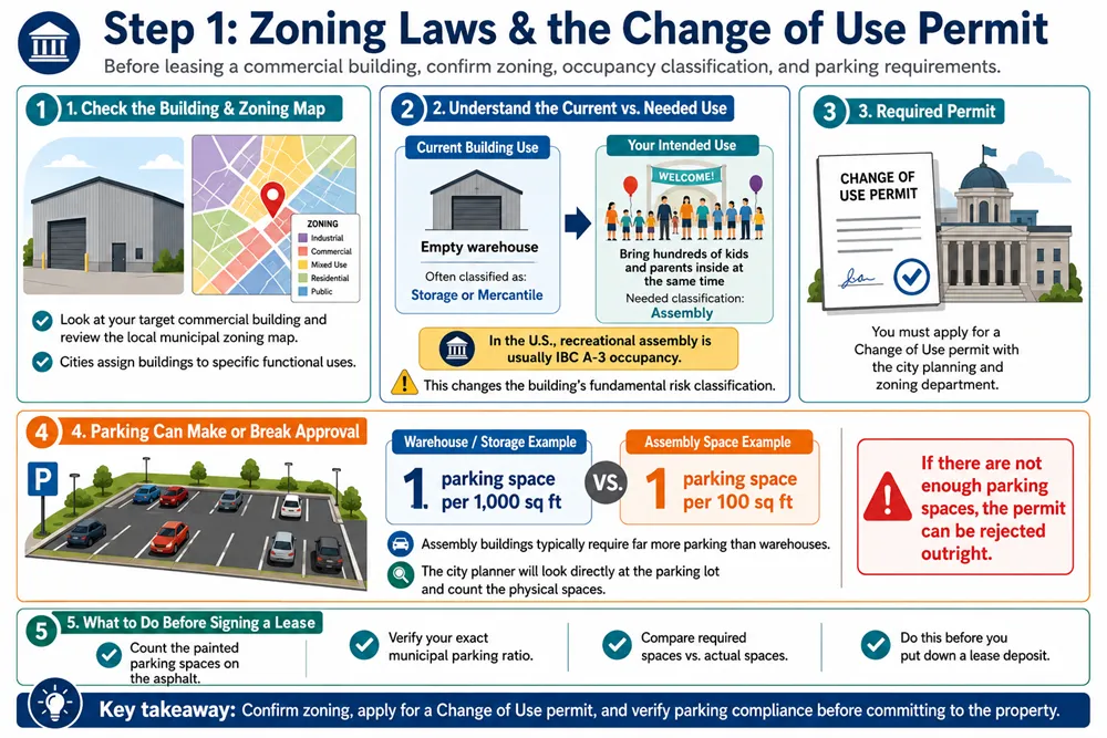An infographic explaining how zoning laws, occupancy classification, and parking requirements affect indoor playground lease approval and Change of Use permits.