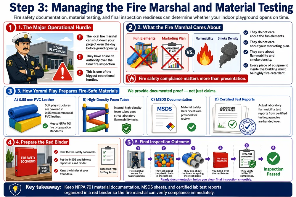 An infographic explaining fire marshal inspection requirements, NFPA 701 compliance, MSDS documents, certified flammability test reports, and fire safety binder preparation.