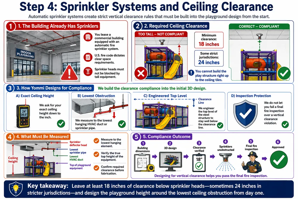An infographic showing required clearance between indoor playground equipment and sprinkler heads, including 18-inch and 24-inch clearance planning for fire code compliance.