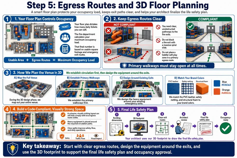 An infographic explaining how clear exit routes, primary walkways, emergency exits, brand-color 3D design, and life safety planning affect occupancy approval.