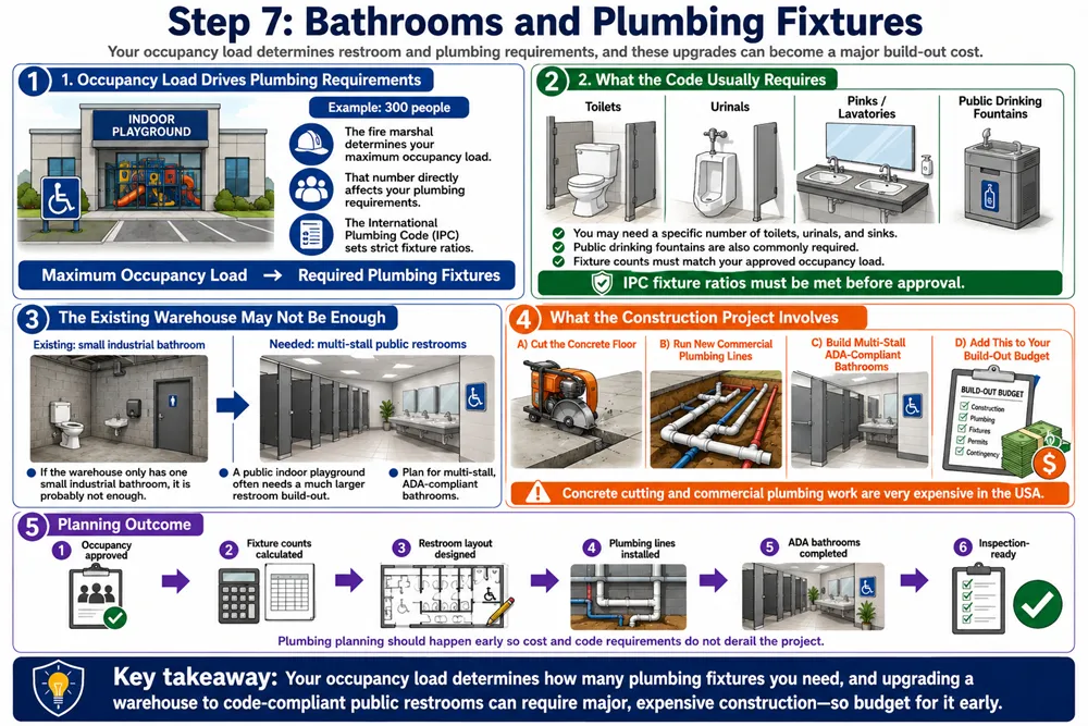 An infographic explaining how occupancy load determines plumbing fixture requirements, including toilets, urinals, sinks, drinking fountains, ADA bathrooms, and commercial plumbing costs.